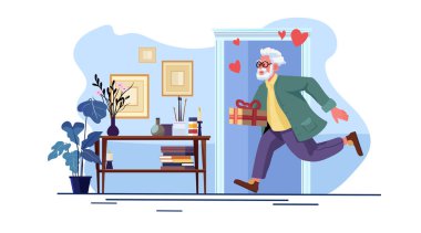 Aktif son sınıf sevgililer günü kutlaması konsepti hediyeli yaşlı adam kapalı mekanda koşuyor modern samimi ev kalbi dekorasyonu