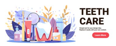 Diş hijyen ürünleri diş fırçası diş macunu anatomik diş diyagramı büyüteç temiz arka plan pankartı illüstrasyonu