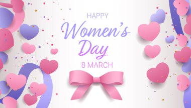 8 Mart Kadınlar Günü Pembe Yay Kalpler Konfeti Mor Kurdeleler Festivalsel arka plan Pastel Renkler Kutlama Kart Şablonu