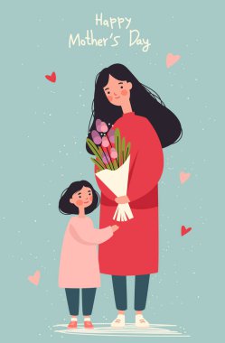 Anne ve kızı 8 Mart kadınlar günü buketi kutluyor çiçekler kalpler pastel arka plan düz tasarım illüstrasyon