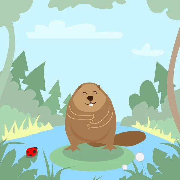 Yeşil orman karikatür Beaver — Stok Vektör