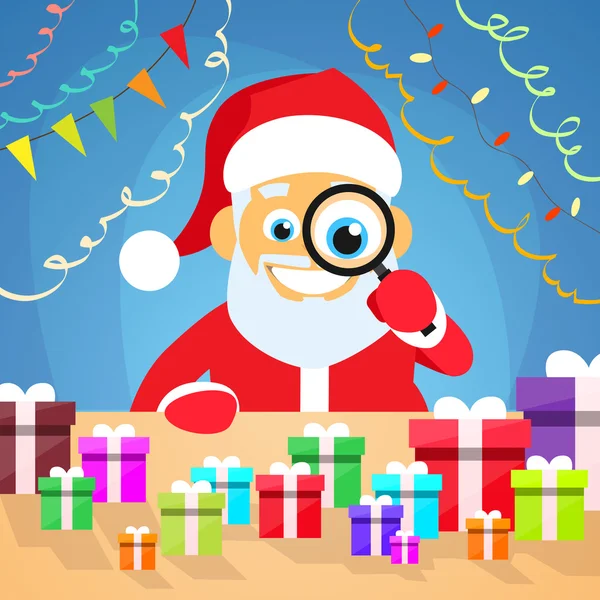 Santa Claus eligiendo cajas de regalo — Vector de stock