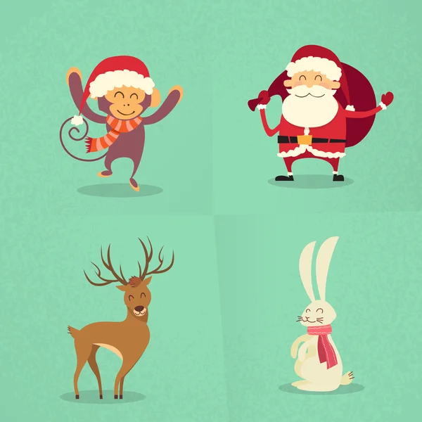 Санта-Клауса мавпи кролик олень щасливі стоячи новий рік Різдво свято — стоковий вектор