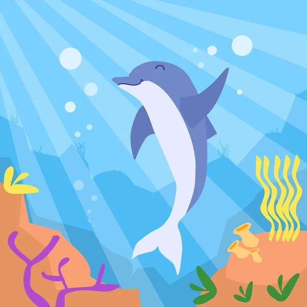 Cartoon Dolphin Underwater Deep Ocean - Stok Vektor