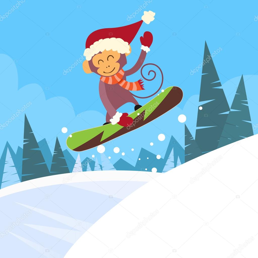 Monkey on Snowboarder Sliding Down