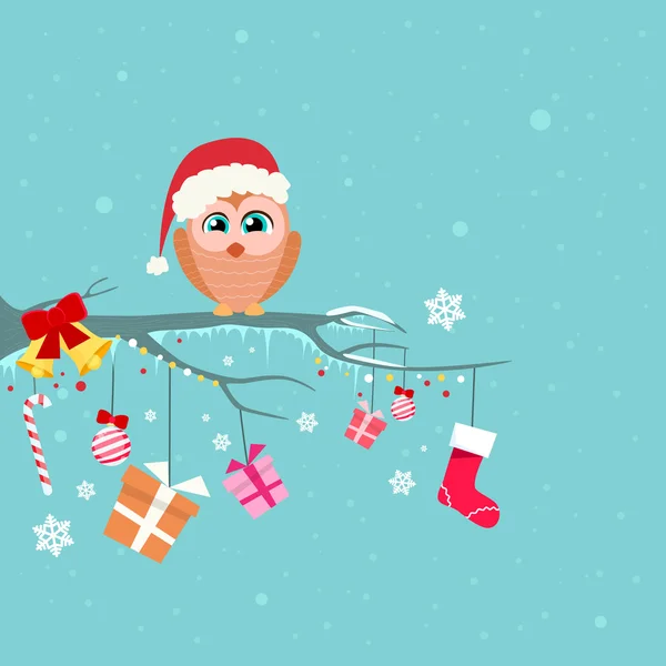 Christmas Owl Sitting on Branch — Stock Vector