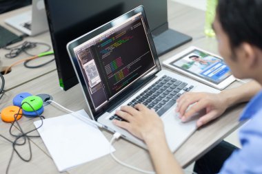 Asian Developer Using Laptop clipart