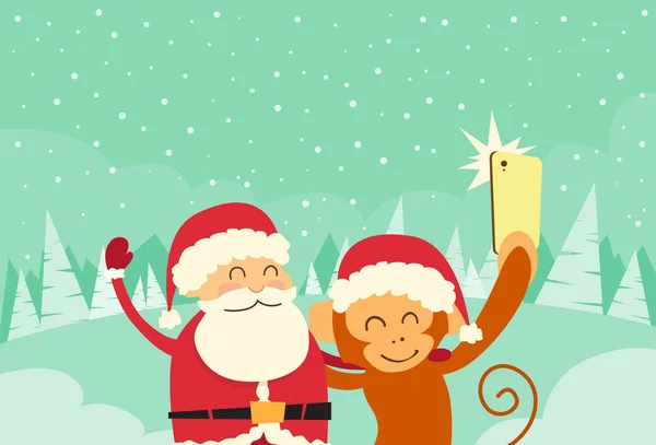 산타 조항 및 Selfie를 복용 하는 원숭이 — 스톡 벡터
