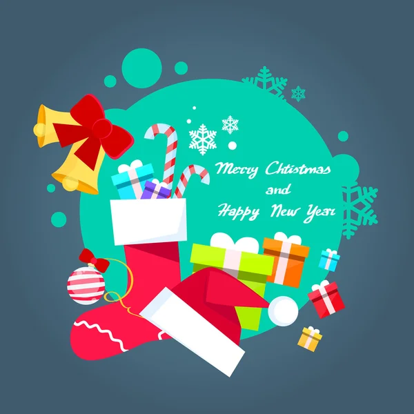 Merry Christmas Poster Greeting Card Gift Box Hat sokken — Stockvector