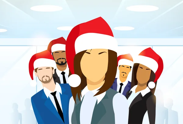 BusinessWoman y Grupo de Personas en Sombreros de Navidad — Vector de stock