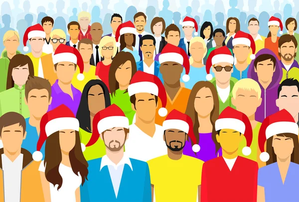 Grupp människor bär Santa hattar — Stock vektor