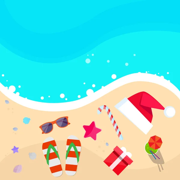 Christmas Santa Hat op Ocean Beach — Stockvector