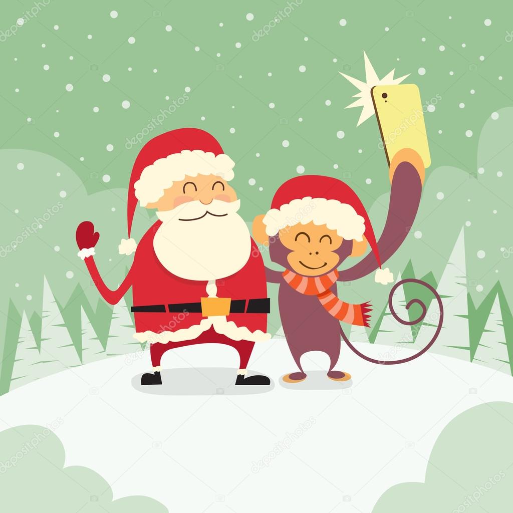 Santa Clause and  Monkey  Taking Selfie