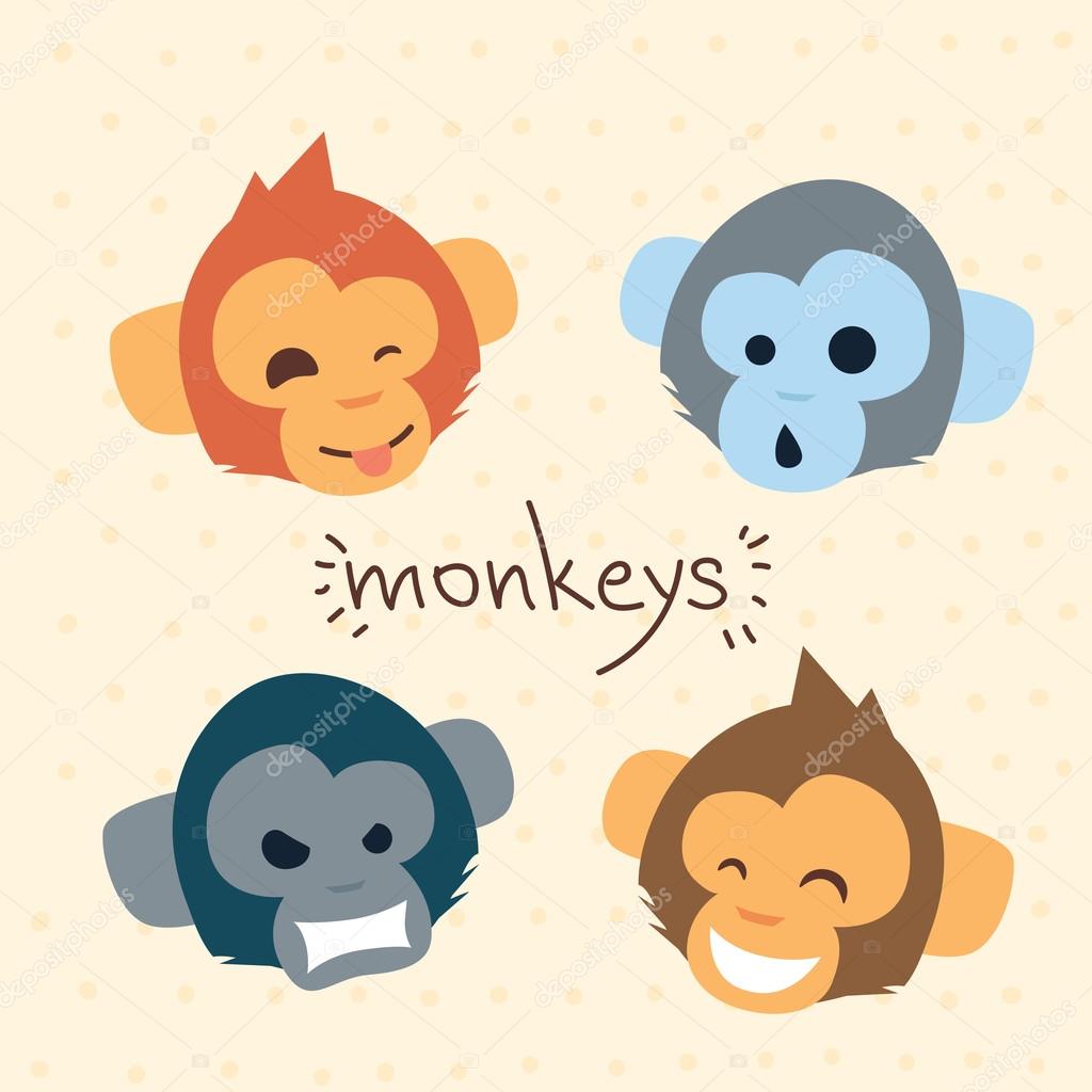 Cartoon Monkey Faces   Set ,Emotion Collection, Flat Vector Illustration