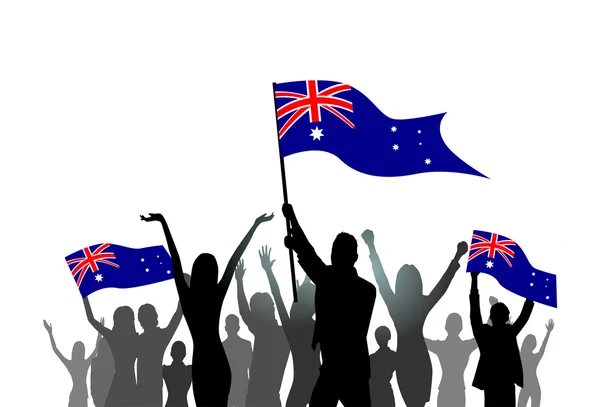 Silhouet menigte houden Australië vlaggen — Stockvector