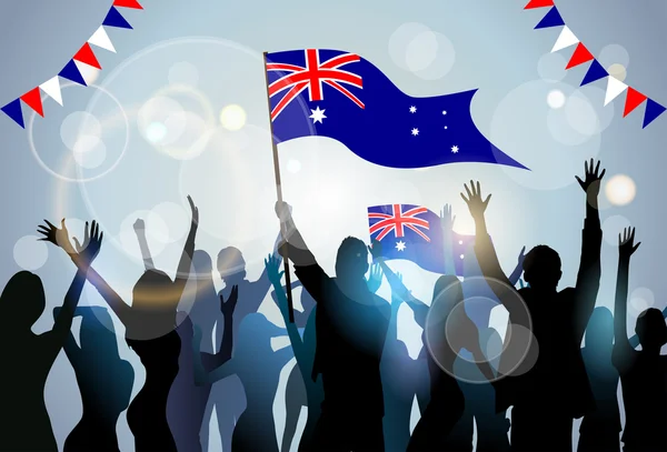 オーストラリアの国旗を保持しているシルエット群衆 — ストックベクタ