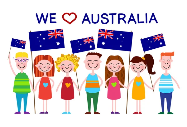 Día de Australia, Banderas Nacionales y Niños — Vector de stock