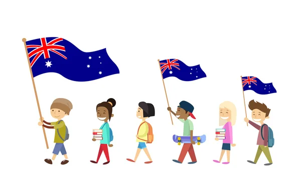 Australië vlaggen en kinderen lopen — Stockvector