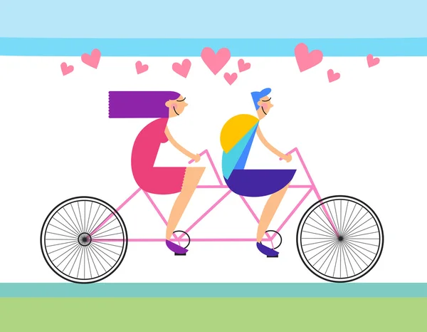 Pareja montando tándem en bicicleta — Vector de stock