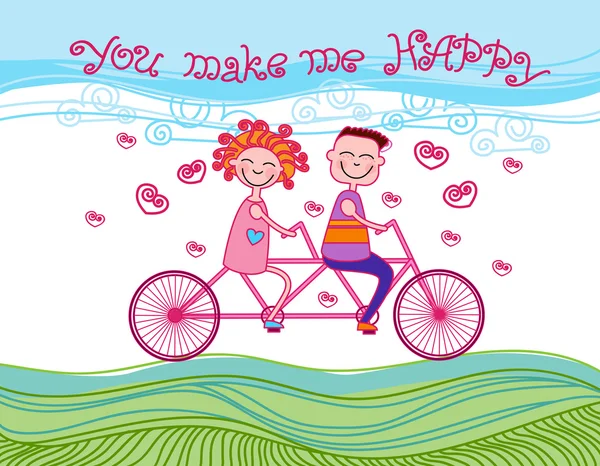 Coppia amore giro tandem bicicletta carta felicità — Vettoriale Stock