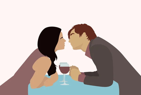 Couple Sitting Cafe Table Drink Wine Kiss Romantic Date — Stock vektor