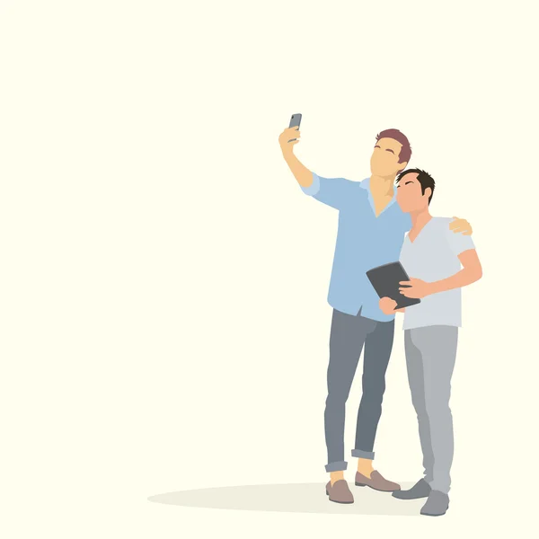 Dos hombres de silueta tomando foto selfie en la tableta de retención de teléfono inteligente — Vector de stock