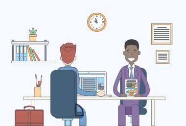 Two Business Man Report Document Talking Discussing, Businessmen Sitting Office Desk Meeting Communication