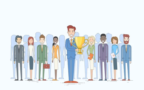 Business Man Get Prize Cup Businesspeople Group Team Leader Success Concept — ストックベクタ