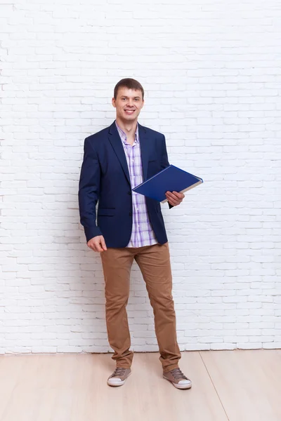 Young Business Man With Open Folder, Businessman Stand Over Wall — Stock Photo, Image