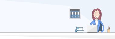 Business Woman Sitting at Desk in Office Working Laptop Computer  Banner