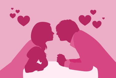 Cafe masa öpücük romantik Tarih pembe renk siluetleri oturan Çift