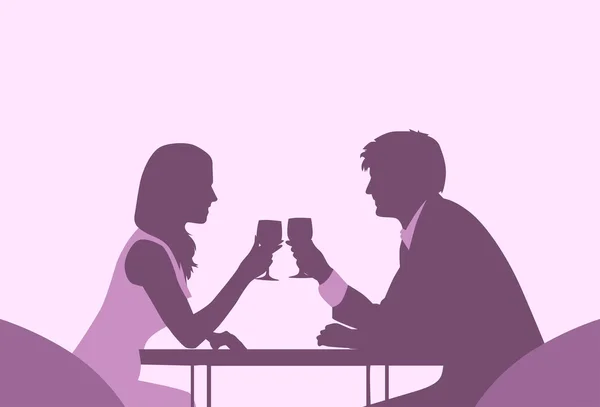 Paar zitten Cafe tafel romantische datum Violet kleur silhouetten — Stockvector