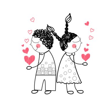 Basit çizgi çizmeyi elele çift kırmızı kalp şekli aşk