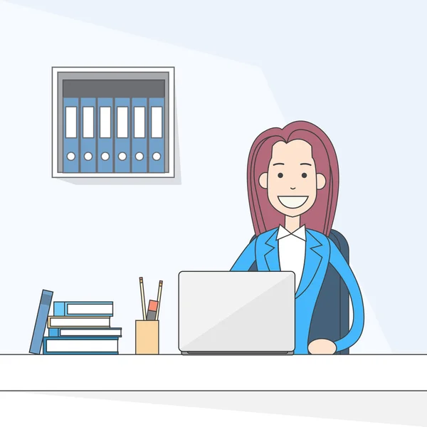 Femme d'affaires assis au bureau dans le bureau ordinateur portable de travail — Image vectorielle