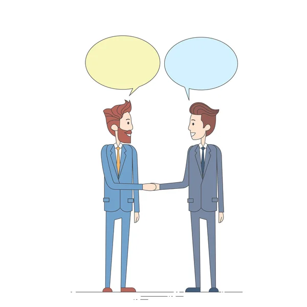 Två affärsman Hand skaka talande Chat Box bubbla kommunikation koncept, Business Man handslag — Stock vektor