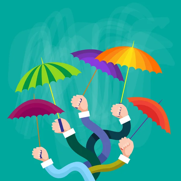 Hands Group Holding Colorful Umbrellas, Support Concept — Stock Vector