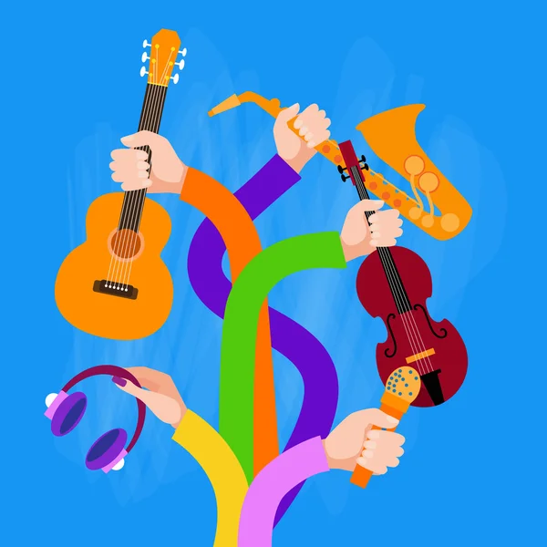 Group Hands Holding Musical Instruments — Stock Vector
