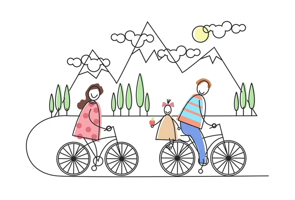 Happy Family rijden fiets, Fietsen Over bergen, ouders met kind — Stockvector