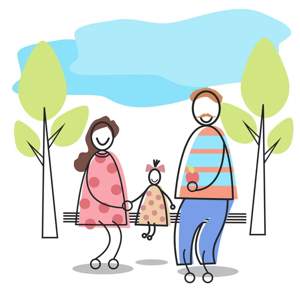 Happy Family Parents Kid Sitting On Bench Park — Stock Vector