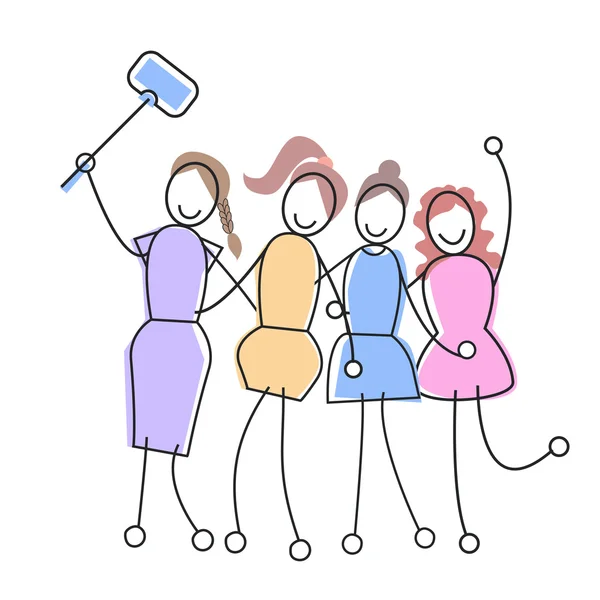 Grupo de chicas tomando selfie con palo de comunicación de redes sociales — Vector de stock