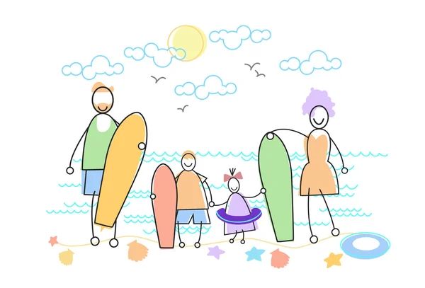 ウィンド サーフィン用ボードを保持している大きな家族の休日の海シーサイド — ストックベクタ