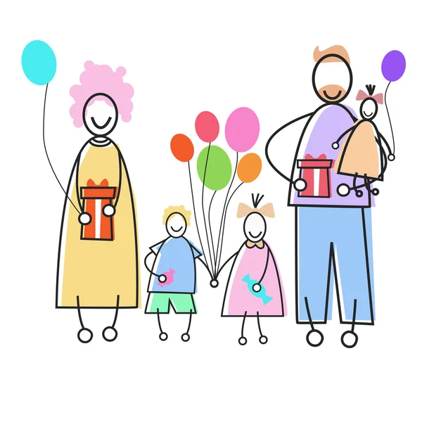 Happy Family ouders drie kinderen houden ballonnen presenteert Concept vakantie — Stockvector