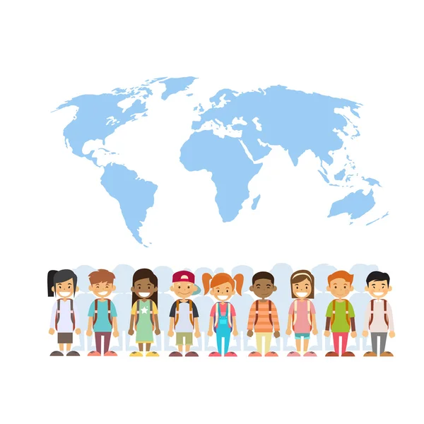 Barn blandar ras grupp över världen karta internationella koncept — Stock vektor