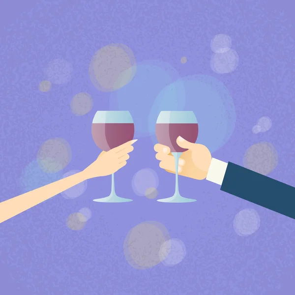 San Valentín saludo brindis dos manos sostener vasos vino — Vector de stock