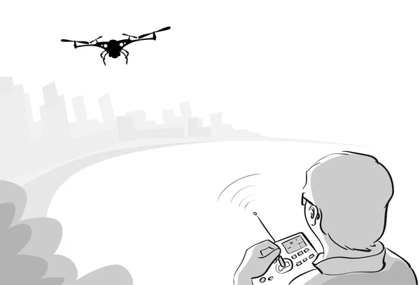 Uomo Silhouette controllo drone aereo volante Quadrocopter Park Sketch — Vettoriale Stock