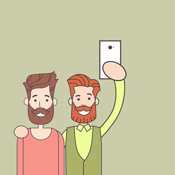 Hombres barbudo pareja tomando selfie foto, dos gay hipster hold teléfono inteligente — Vector de stock