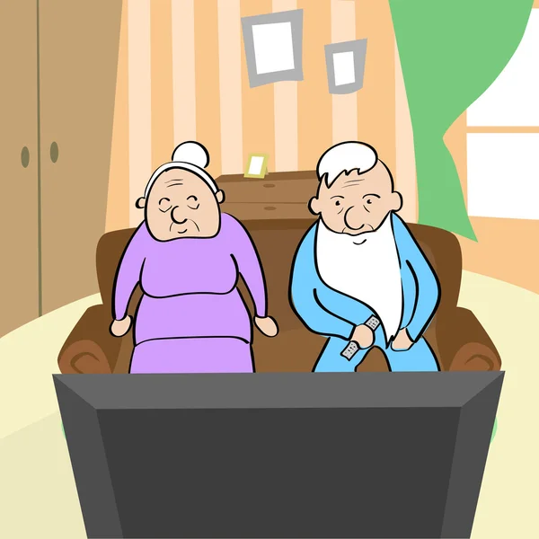 Casal velho assistindo TV Senior Man and Woman Sitting On Sofa Home — Vetor de Stock