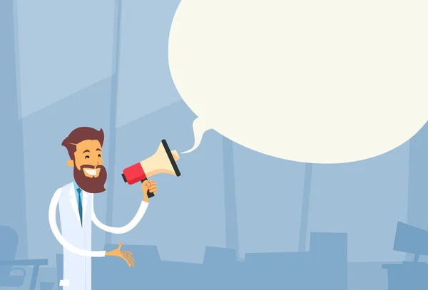 Medical Doctor Man Hold Megaphone Loudspeaker White Chat Bubble Copy Space Hospital — 图库矢量图片