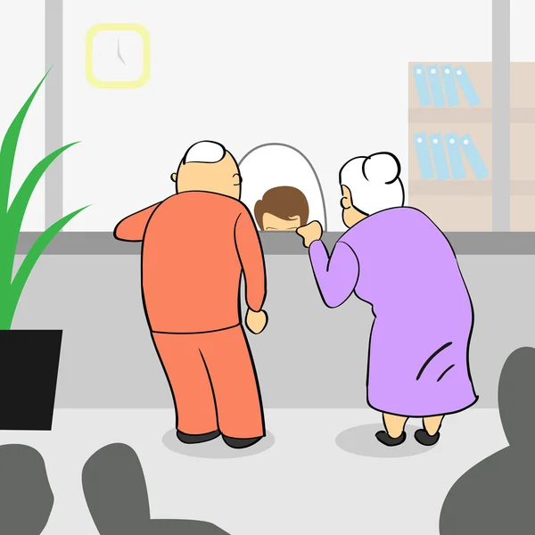 Old Couple In Bank, Senior Man Woman Payment Teller Cashier Window — Stockvector