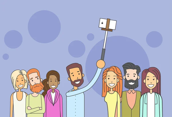 People Group Hipster Taking Selfie Photo On Smart Phone Wih Stick — Stock Vector